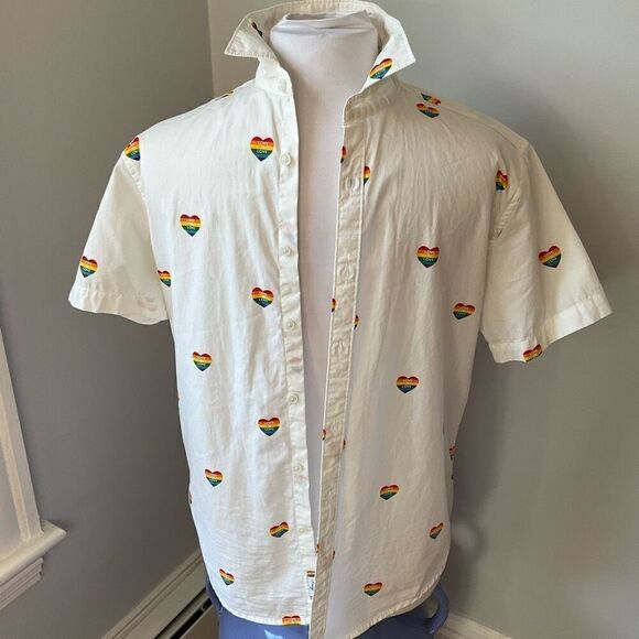 Mens Denim and Flower Rainbow Heart Button Up, Small. Slim fit. Pride! - Picture 6 of 14